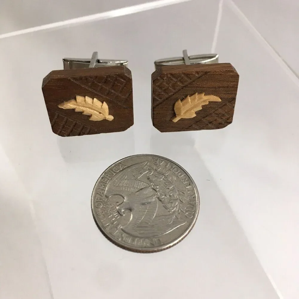 Vintage Etched Wood Leaf Cufflinks & Tie Clip Wooden Leaves Layered Modern H1